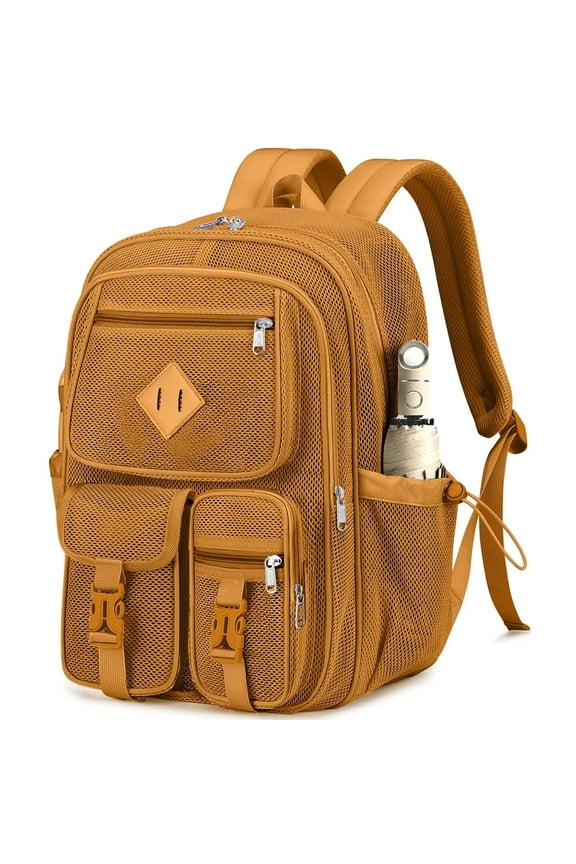 Mesh Backpack School Backpacks Large Capacity See Through Bookbag Stadium Approved with Multiple Compartments Pockets for School(Khaki)