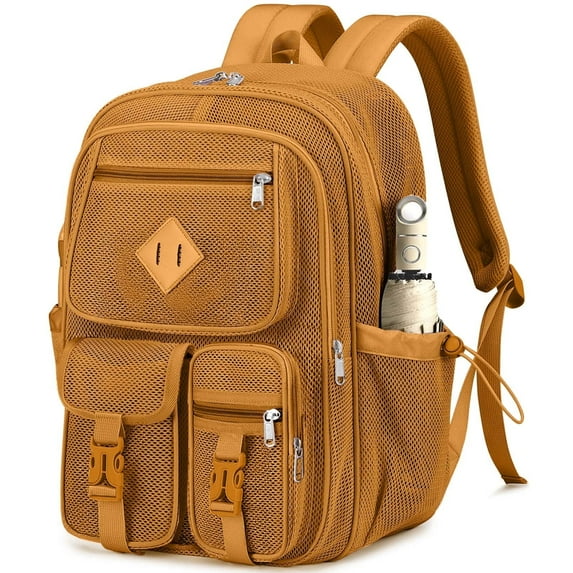Dakimoe Mesh Backpack School Backpacks Large Capacity See Through Bookbag Stadium Approved with Multiple Compartments Pockets for School(Khaki)