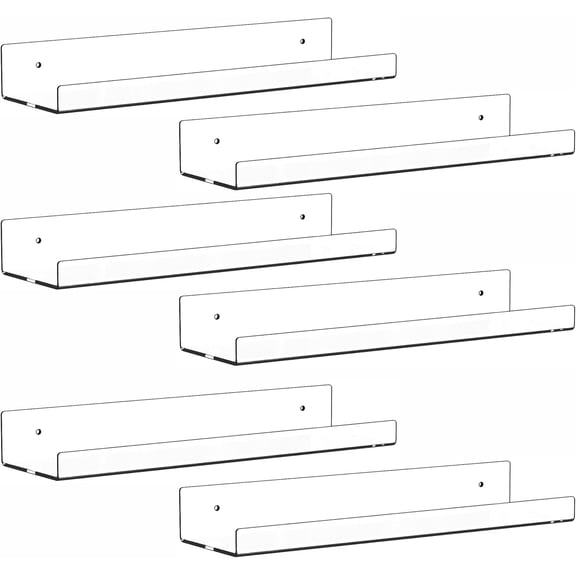 Dakings 6PCS Acrylic Wall-Mounted Bookshelf Set 15.75 x 4.33-inch floating bookshelves for display and storage in bathrooms, bedrooms, living rooms, and kitchens Clear acrylic design
