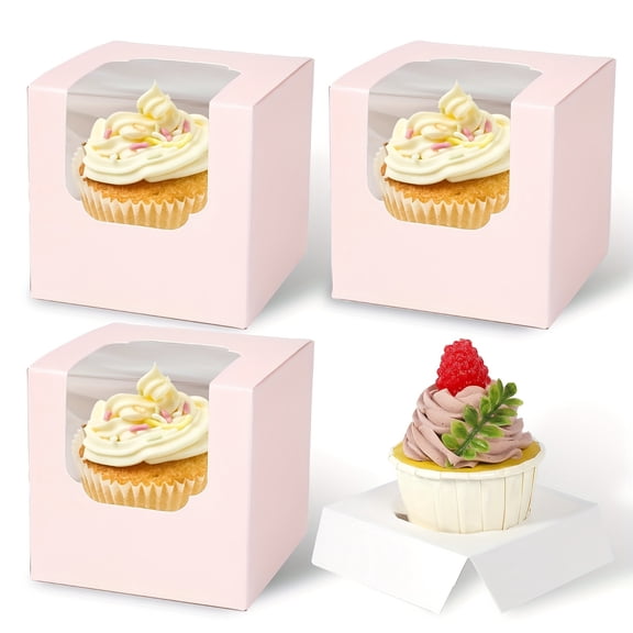 Dakings Pink Clear Window Cupcake Boxes with Lids, 50-Pack Food-Grade Stackable Containers with Inserts for Bakery, Party, Wedding, Home & Commercial Use