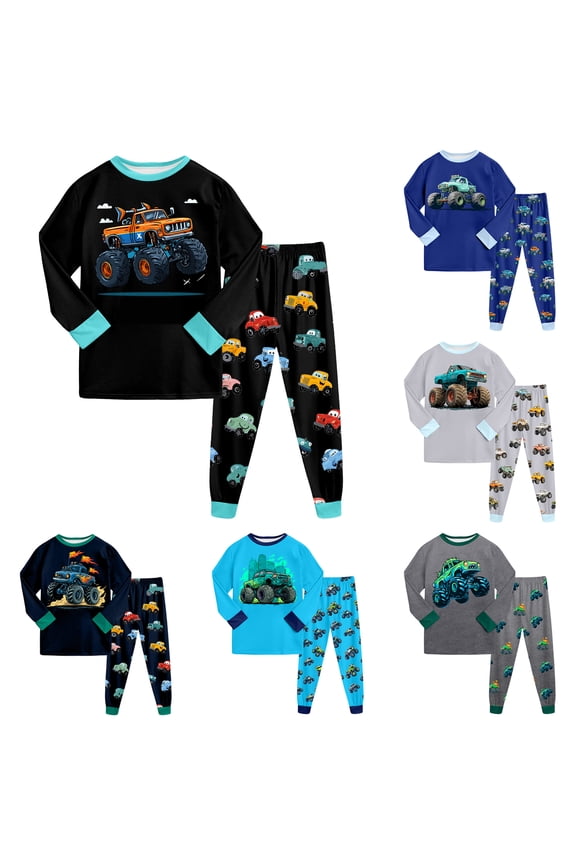 1-10 Years Boys' Cars Design 2 Pieces Pajamas Set Toddler Kids Fall Winter Long Sleeve T Shirt and Pants Loungewear Set Spring Sleepwear Clothes for Boys Blue 5-6 Years (120)