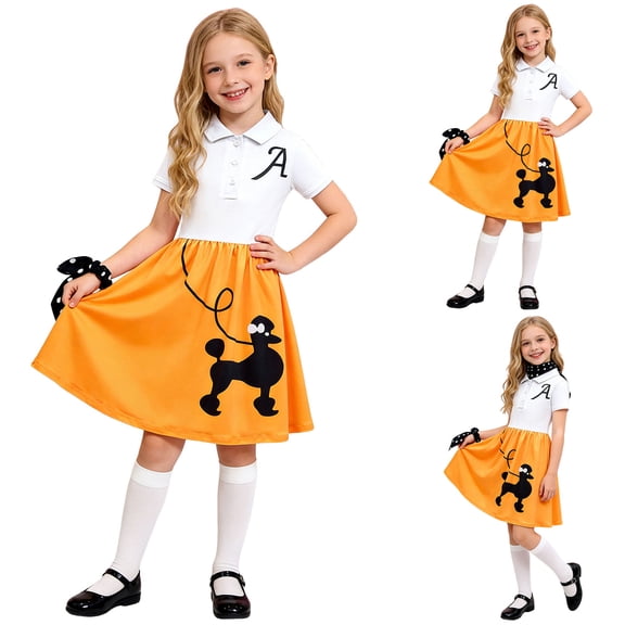 Dakiuu 2-11T 50s Outfit for Girls Toddler Kids with Scarf Socks and Polka Dot Headband Bracelet Poodle Skirt 1950s 80s Vintage Dress Costume Set for Dance Cosplay Career Day Birthday Gift