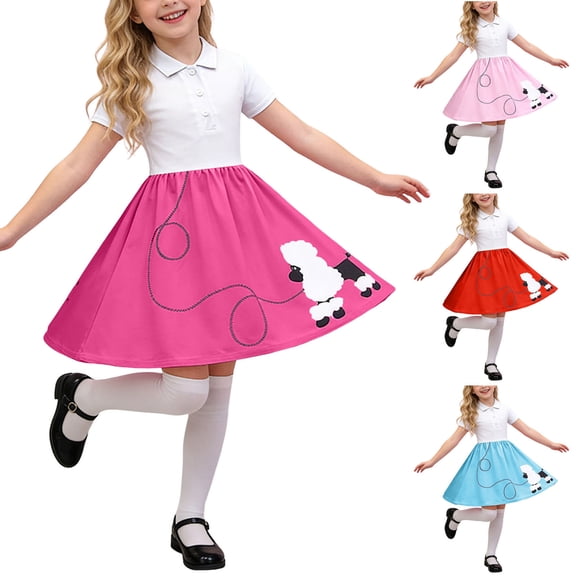Dakiuu 50s Outfit for Girls 1950s Poodle Skirts White Collared Short Sleeve Shirt Costume Dress up Toddler Kids 2-8 Years