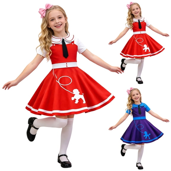 Dakiuu 50s Outfit for Girls 2-12 Years 1950s Costume Girls' Poodle Skirt Vintage Retro Party Collared Dress up