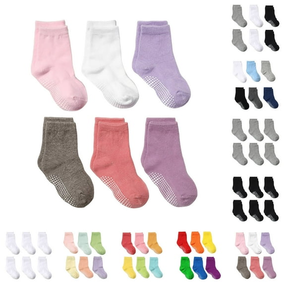 Dakiuu 6 Pack Unisex Baby Toddler Socks Non Slip Antiskid Grip Solid Breathable Cute Cotton Ankle Socks For Kids Boys Girls 0-7 Years Gray