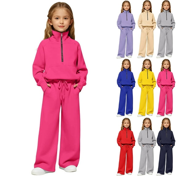 Dakiuu Active Girls Pants Set 2 Pieces Fleece Athletic Half Zip Pullover Sweatshirt & Baggy Wide Straight Leg Sweatpants with Pockets Kids Sweatsuits Spring Fall Winter Clothes Hot Pink 7-8 Years