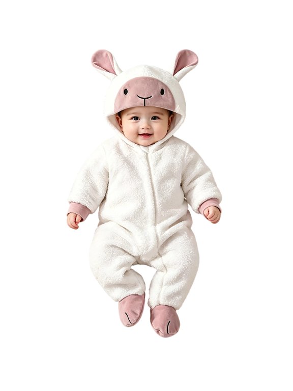 Baby Boys and Girls Sheep Hooded Zip Jumpsuit with Long Ears and Contrast Feet