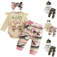 thumbnail image 1 of Dakiuu Baby Girls Clothes Newborn Infant Letter Graphic Ruffle Romper and Camo Pants with Cute Headband 3 Pieces Outfit Sets Camouflage 6-12 Months (12M), 1 of 9