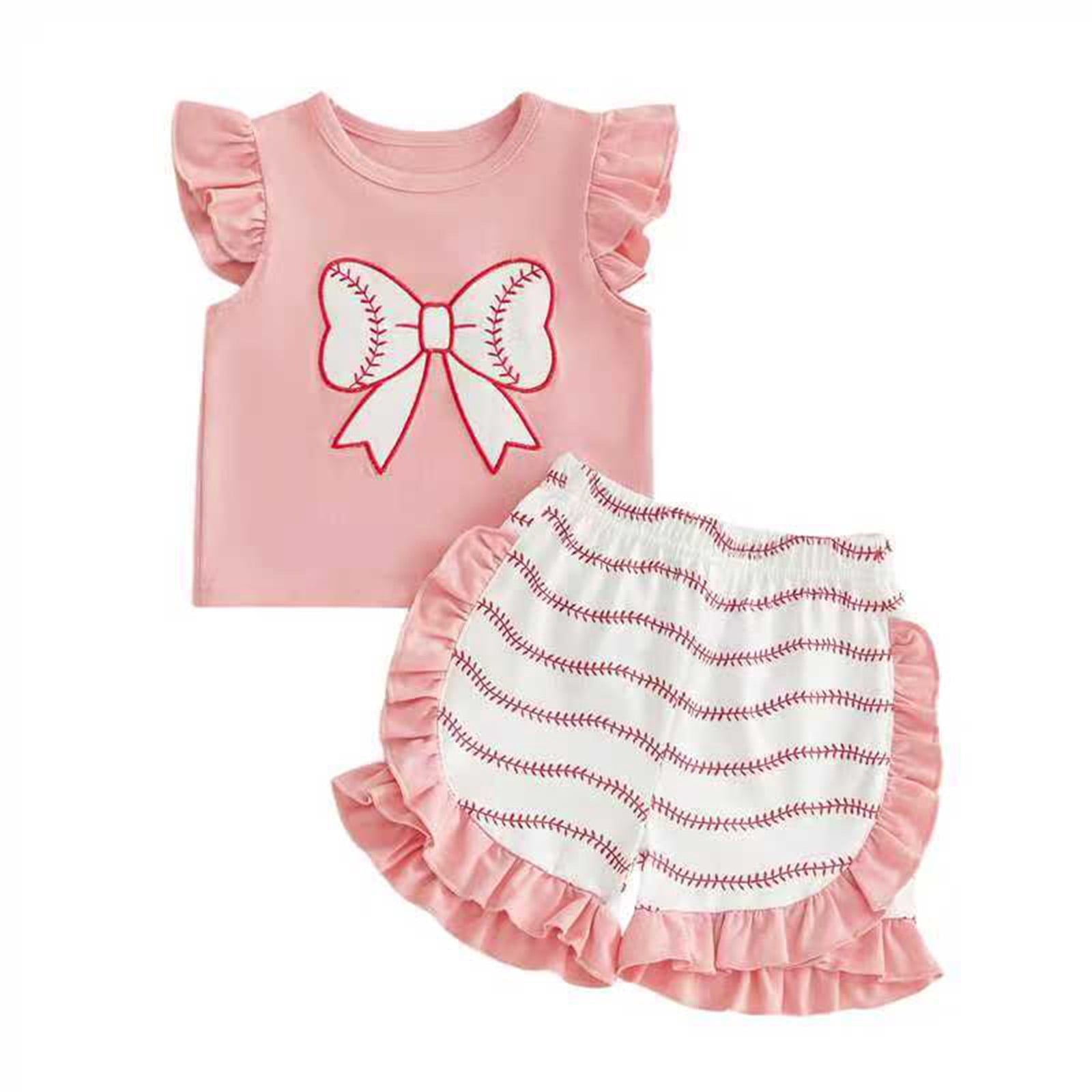 Dakiuu Baby Girls Clothes Outfit Short Sets 2 Pieces Baseball Themed Design Bow Ruffle Sleeve T-Shirt and Short Pants Cotton Summer Clothing for Toddler Kids 6M-4Y