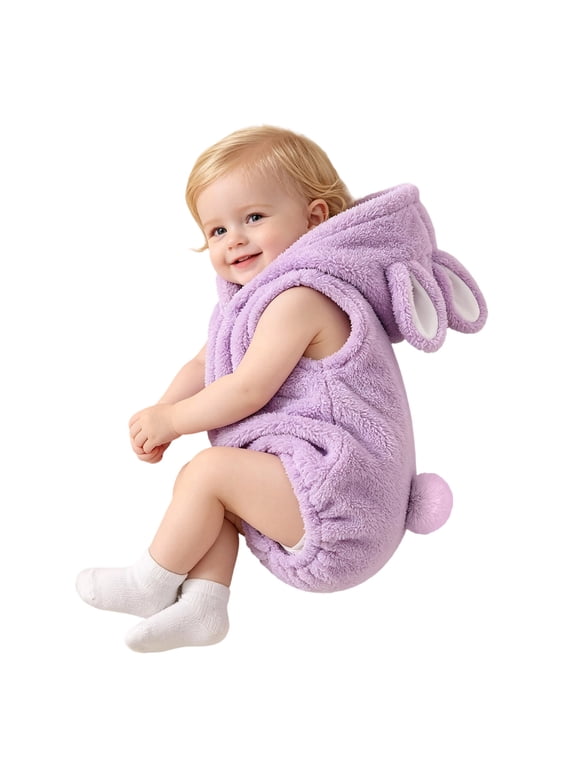 Baby Girls Sleeveless Bunny Hooded Bubble Romper with Long Ears and Tail