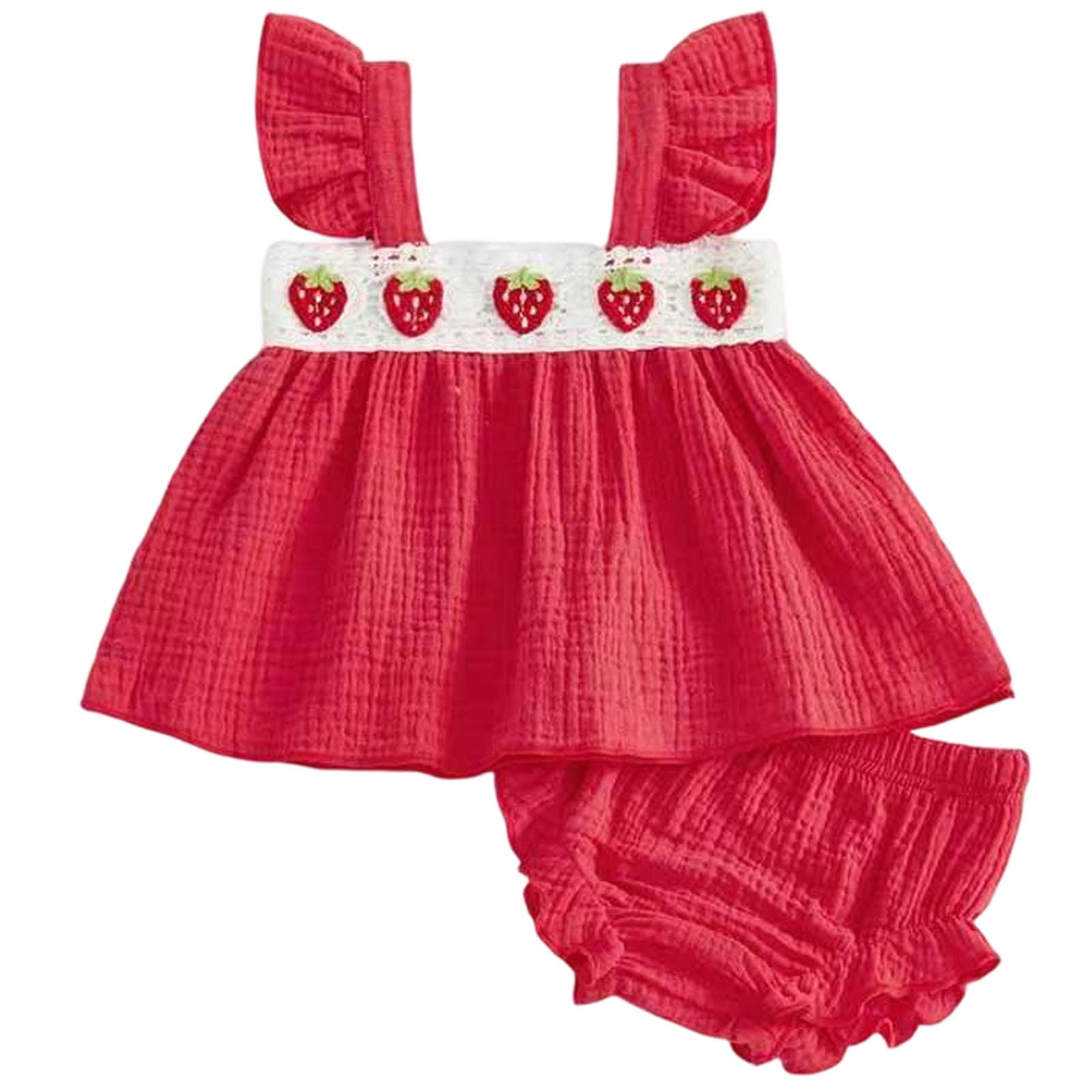 Dakiuu Baby Girls Summer Clothes Cute Strawberry Crochet Ruffle Tops Dress Shorts Outfit Set Newborn Infant Toddler Sleeveless Shirt Blouse Bloomers Princess Outfit 0-18 Months