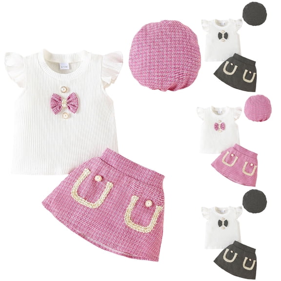 Dakiuu Baby Toddler Girls Outfit Winter Spring Summer Clothes Bowknot Ribbed Ruffle Sleeveless Tops and Tweedd Mini Skirt Set with Beret 3 Pieces B-Black 12-18 Months (18M)