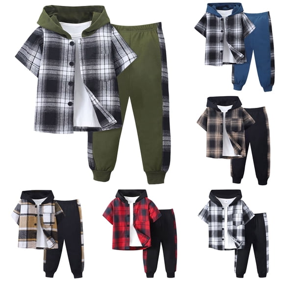 Dakiuu Boys Clothes Flannel Pant Set 2 Pieces Plaid Short Sleeve Hooded Button Shirt and Jogger Sweatpants for Kids 2026 Spring Summer Outfits Blue 3-4 Years (3Y)
