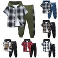 thumbnail image 1 of Dakiuu Boys Clothes Flannel Pant Set 2 Pieces Plaid Short Sleeve Hooded Button Shirt and Jogger Sweatpants for Kids 2026 Spring Summer Outfits Khaki 7-8 Years (7Y), 1 of 8