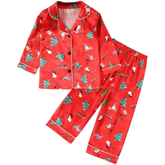 Dakiuu Boys Girls Christmas 2 Pcs Satin Pajamas Set Baby Toddlers Xmas Tree Santa Print Ice Silk Long Sleeve Button Down Shirt Tops and Wide Leg Pants Festival Sleepwear Loungewear Kids Winter Fall