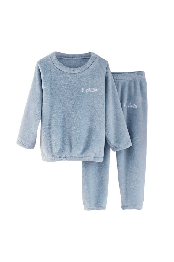 Boys Girls Fuzzy Pajama Set 2 Pieces Soft Plush Fleece Pullover Pj Loungewear Winter Warm Long Sleeve Top and Bottoms Sleepwear for Kids 2-12 Years Blue