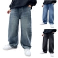 thumbnail image 1 of Dakiuu Boys Jeans Baggy Straight Leg Elastic Waist Loose Wide Leg Vintage Denim Pants Fashion Loose Fit Trousers Streetwear with Pockets 5-16 Years Light Blue 5-6 Years (130), 1 of 7