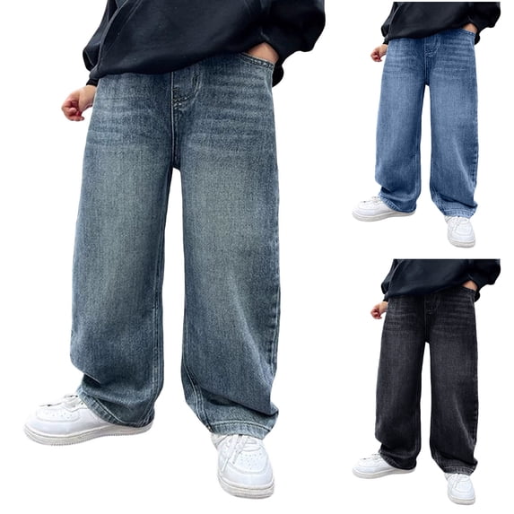 Dakiuu Boys Jeans Baggy Straight Leg Elastic Waist Loose Wide Leg Vintage Denim Pants Fashion Loose Fit Trousers Streetwear with Pockets 5-16 Years Light Blue 5-6 Years (130)