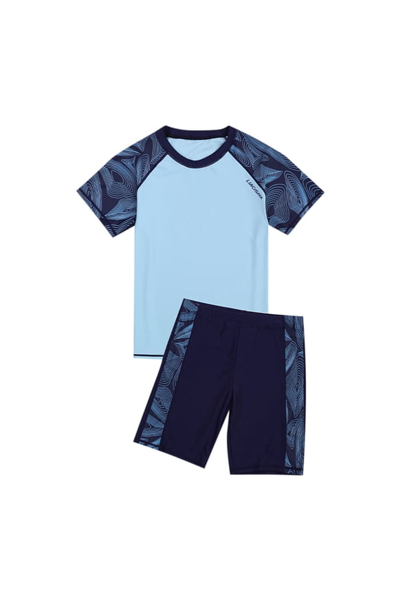Boys Swimsuit 2 Pieces Geometric Color Block Raglan Sleeve Swim Shirt and Trunks Bathing Suit Quick Dry Beach Swimwear for Juniors Kids