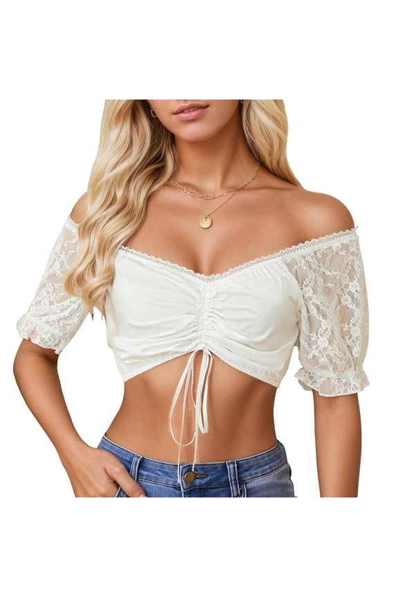 Dirndl Shirt Retro German Traditional Costume Top Off The Shoulder Scalloped Floral Lace Trim Drawstring Ruched Mini Crop Blouse Inner Shirt for Oktoberfest Dresses Holiday Photoshoot