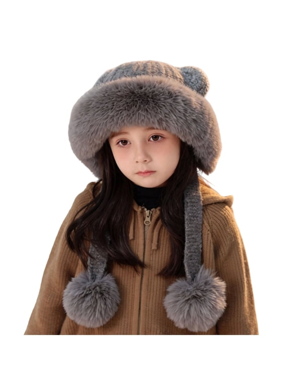 Girls Cat Ear Plush Trapper Hat With Long Pom Tassel Ties