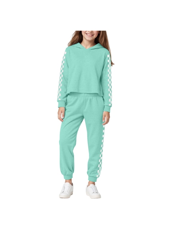 Girls Checkered Tracksuit Clothes Set Tween Kids Plaid Patchwork Raglan Long Sleeve Hoodies Sweatshirt Crop Top with Jogger Sweatpants Pants 2 Pieces Outfit