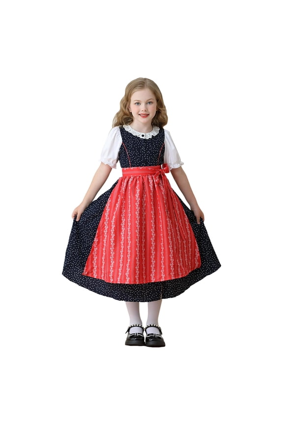 Girls Dirndl Dress Bavarian Oktoberfest Costume Red Black Apron Dress Short Puff Sleeve Kids Tween German Festival Outfit for Halloween School Stage Party Age 3-12