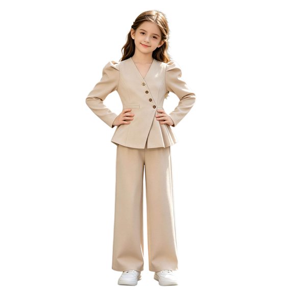 Dakiuu Girls Formal Outfit Long Sleeve Button Blazer Wide Leg Pants Dressy Set
