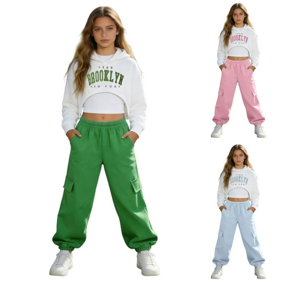 Dakiuu Girls Letter Graphic 3 Pieces Outfits Spring Winter Clothes Fashion Whiter Camisoles Workout Hoodies Crop Top and Jogger Sweatpants Set Sky Blue 7-8 Years (8Y)