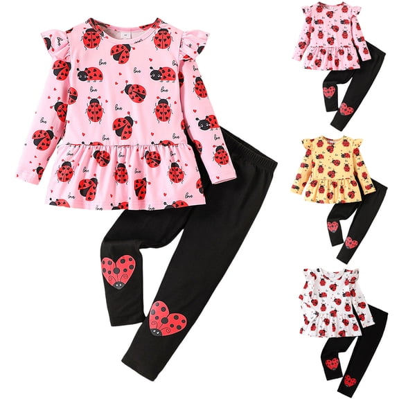 Dakiuu Girls Pants Set 2026 Spring Ruffle Long Sleeve Dress Tshirts with Heart Leggings 2 Pcs Winter Fall Outfit Clothes for 4T - 8T Kids