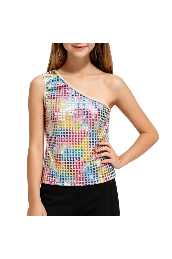 Girls Sparkling Clothes Metallic Bling Sequin off The Shoulder Sleeveless Tops Disco Hip-Hop One-Shoulder Jazz Dance Stage Performance Shirt Dancewear for Tween Youth