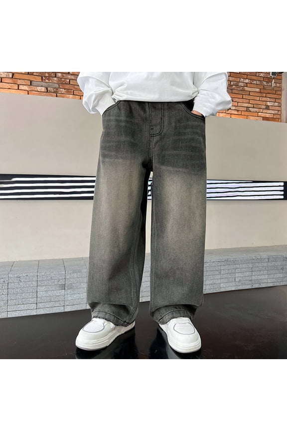Kids Boys Girls Distressed Gray Wide Leg Denim Pants Retro Elastic Pull on Waist Baggy Loose Casual Street Jeans for 4 to 12 Year Old Children