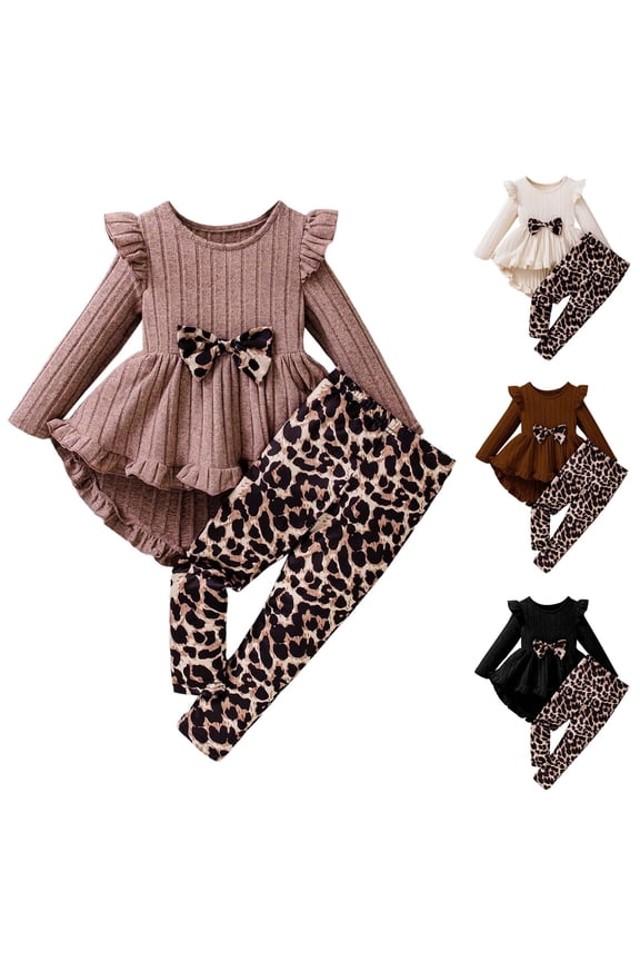 Kids Girls Winter Fall Clothes Bow Spring Bowknot Ruffle Long Sleeve High Low Top Shirt + Leopard Legging Pants 4-7 Years 2 Pcs Outfits Clothing Set Brown 5 Years (5Y)