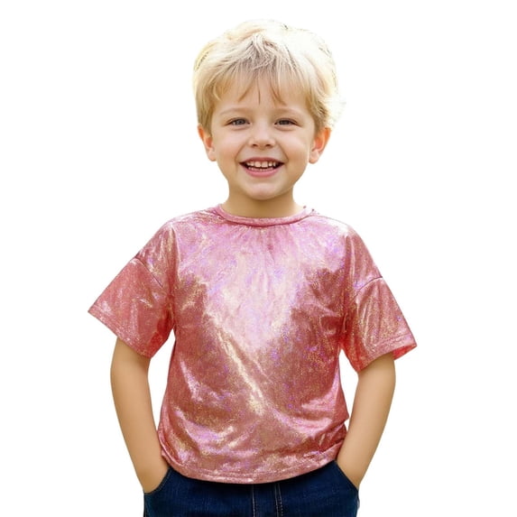 Dakiuu Kids Metallic Shiny Short Sleeve T Shirt Glitter Crew Neck Dance Performance Tee Tops for Boys Girls Birthday Dance Stage Party Performance