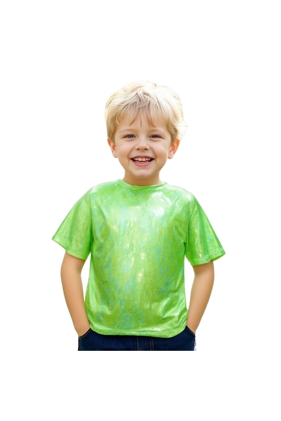 Kids Metallic Shiny Short Sleeve T Shirt Glitter Crew Neck Dance Performance Tee Tops for Boys Girls Birthday Dance Stage Party Performance