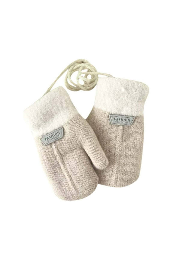 Kids Warm Mittens Cold Weather Fleece Lined Knit Thicken Winter Gloves with String Boys Girls Knitted Mitts for Skiing Snowboarding Khaki L