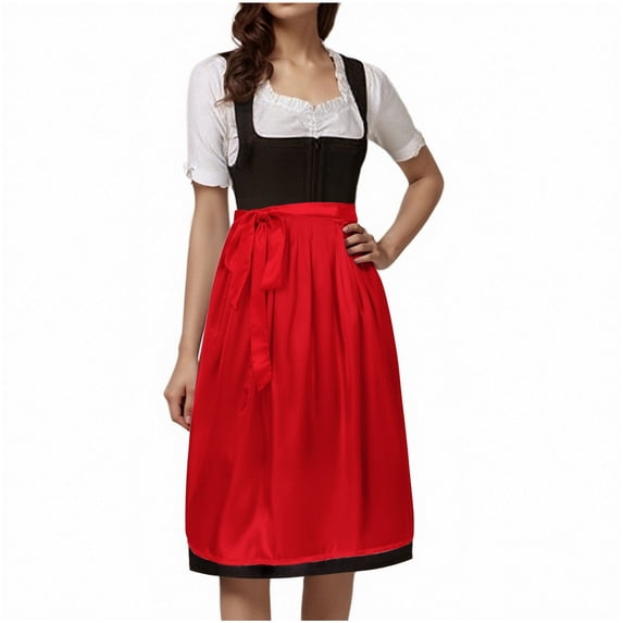 Dakiuu Ladies Oktoberfest Dirndl Apron Midi Skirt, High Waist Side Bow Tie Bavarian Trachten Long Skirt, Solid Color Replacement Dirndl Skirt Matching with Trachten Blouse