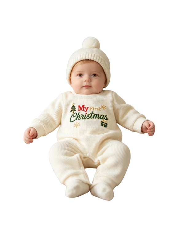 My First Christmas Knit Romper with Pompom Hat Holiday Outfit Set for Baby Girls Boys 0 to 18 Months