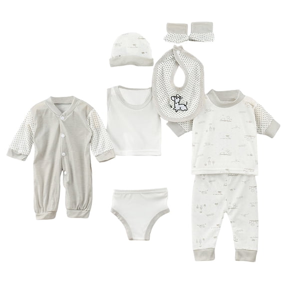 Dakiuu Newborn Baby Boy Girl Clothes Unisex Preemie Infant Layette Set 8 Pcs Summer Outfit Clothing Set with Romper Top Pants Bib Hat for 0-3 Months
