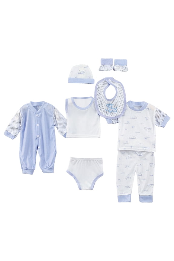 Newborn Baby Boy Girl Clothes Unisex Preemie Infant Layette Set 8 Pcs Summer Outfit Clothing Set with Romper Top Pants Bib Hat for 0-3 Months