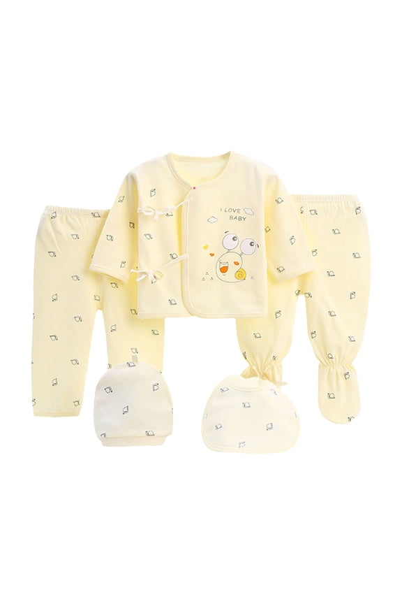 Newborn Cute Clothes Set 5 Pieces Layettes Gift Set for Boys Girls Fall Winter Cotton Long Sleeve Tops Footies Pants with Bib And Hats Infant Baby Outfit