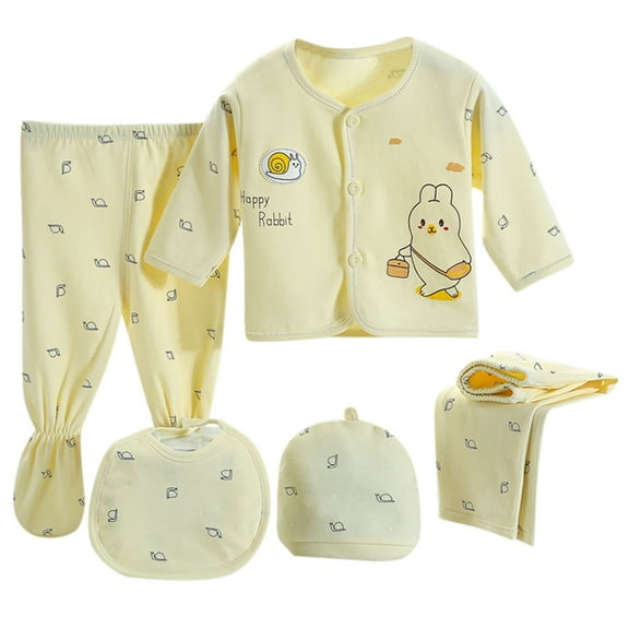 Dakiuu Newborn Infant Layette Outfit Set 5 Pcs Unisex Baby Boy Girl Cute Cartoon Rabbit Summer Fall Winter Clothes with Tops Pants Bib and Hats for New Born