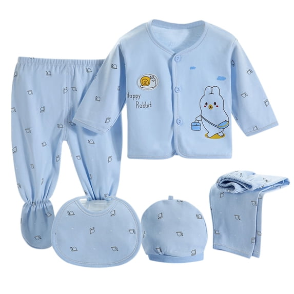Dakiuu Newborn Infant Layette Outfit Set 5 Pcs Unisex Baby Boy Girl Cute Cartoon Rabbit Summer Fall Winter Clothes with Tops Pants Bib and Hats for New Born