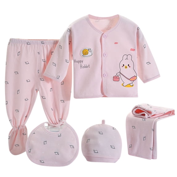 Dakiuu Newborn Infant Layette Outfit Set 5 Pcs Unisex Baby Boy Girl Cute Cartoon Rabbit Summer Fall Winter Clothes with Tops Pants Bib and Hats for New Born