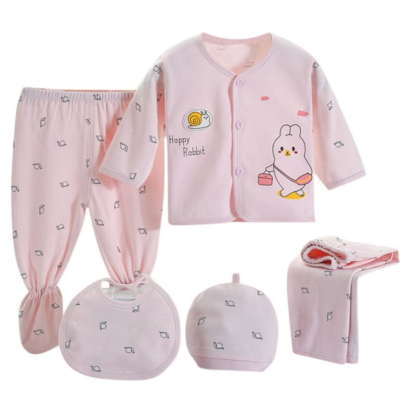 Dakiuu Newborn Infant Layette Outfit Set 5 Pcs Unisex Baby Boy Girl Cute Cartoon Rabbit Summer Fall Winter Clothes with Tops Pants Bib and Hats for New Born