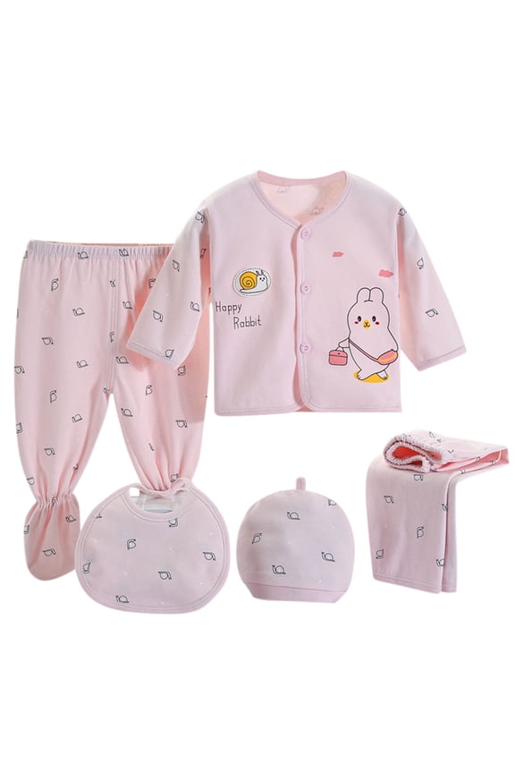 Newborn Infant Layette Outfit Set 5 Pcs Unisex Baby Boy Girl Cute Cartoon Rabbit Summer Fall Winter Clothes with Tops Pants Bib and Hats for New Born