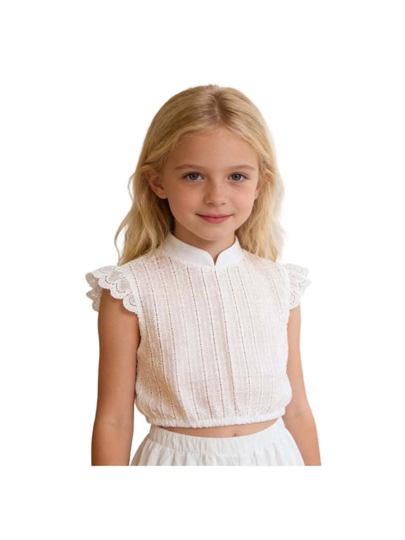 Oktoberfest Kids Crop Blouse Girls Ruffle Cap Sleeve High Neck Floral Lace Mini Top Bavarian Dirndl Layering Shirt for Teen Youth Beer Festival Outfit