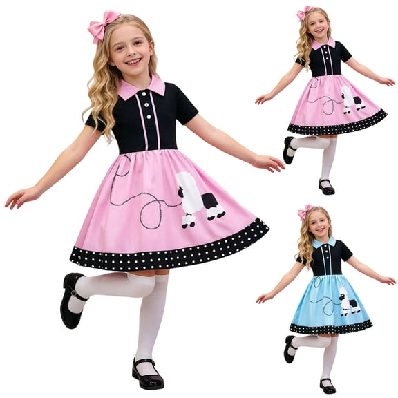 Dakiuu Poodle Skirt 50s Outfit for Girls 1950's 80s Short Sleeve Button Down Collared Polka-Dot Printed Dress Toddler Kids Size 2-12 Years