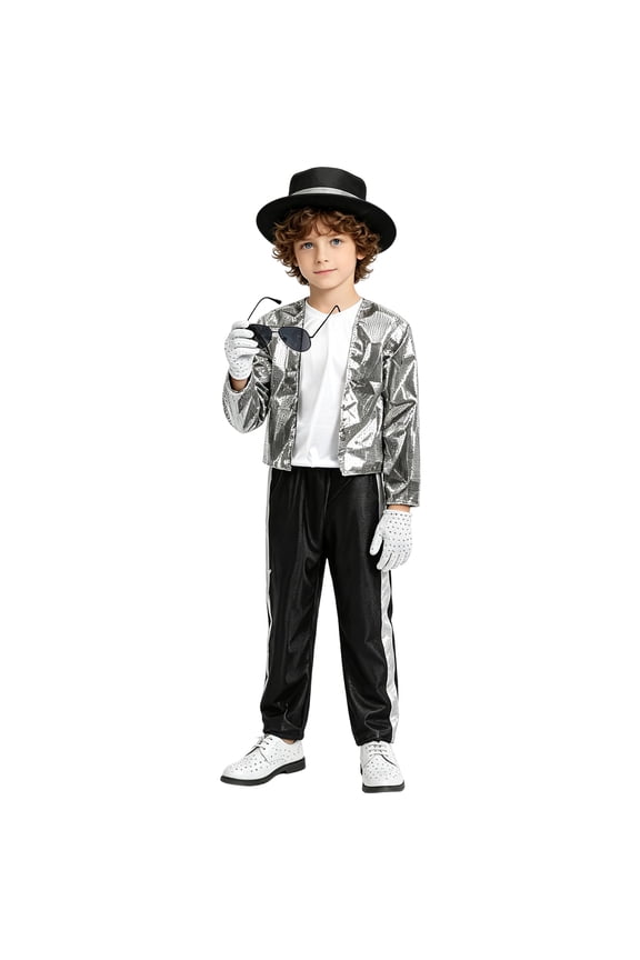Popstar Costume Set Kids 70s 80s 90s Retro Disco Dance Star Sequin Jacket Trousers Hat Glove Stage Performance Cosplay Party Outfit for Boys Girls