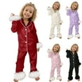 thumbnail image 1 of Dakiuu Toddler Girls Boys Satin Silk Pajamas Solid Color Button Down 2 Pieces Pj Set Kids Girls' Nightgown with Furry Cuff Long Sleeve Loungewear Sleepwear Clothes Black 3-4Y (3Y), 1 of 7